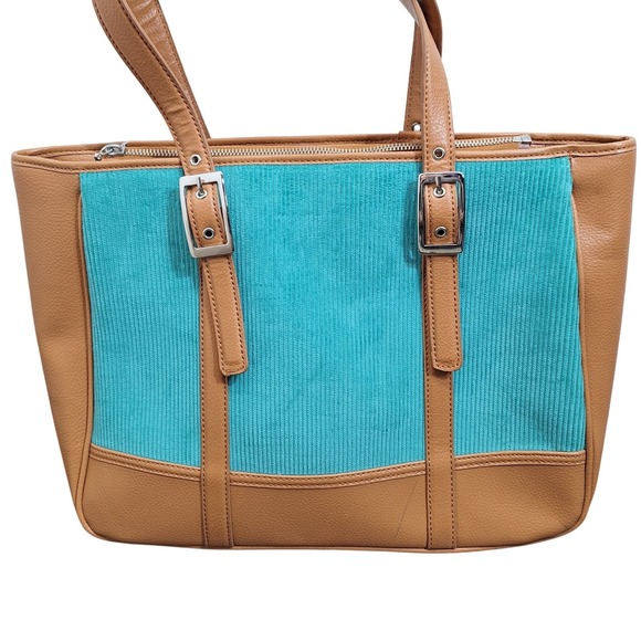 Bath & Body Works Handbags - Bath & Body Works Teal Corduroy Tan Faux Leather Tote Shoulder Bag Buckle Accent